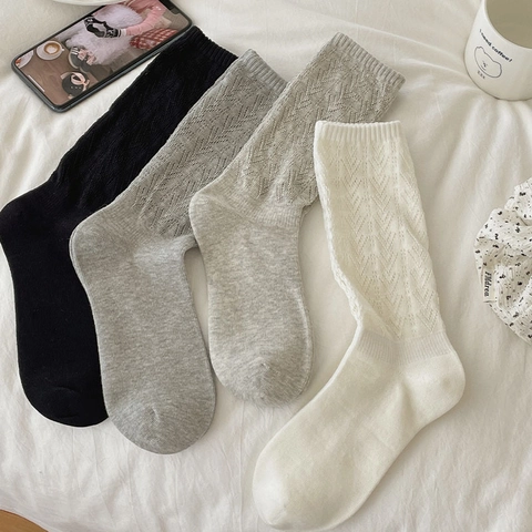 Women Cotton Blend Crew Socks Pointelle Hollow Out Breathable Japanese JK Style Solid Color Comfortable Mid Tube Hosiery