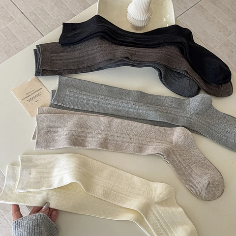 Women Knee High Socks Ribbed Knit Cotton Vertical Stripe Solid Color Preppy Style Slimming Fashion Long Calf Socks