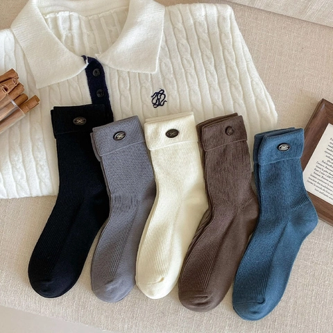 Damen Crew Socken Gerippter Strick Baumwollmischung Retro Knopf Schleifen Dekor Preppy Schulstil Süß Freizeit