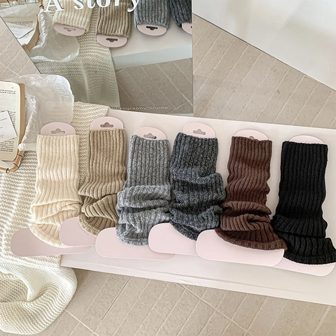 Women Leg Warmers Acrylic Ribbed Knit Solid Color Slouchy Long Socks Preppy Style Winter Warm