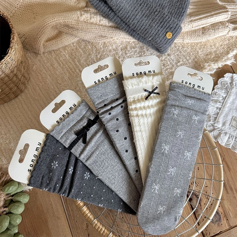 Calze Metà Polpaccio Donna Cotone Costine Decorazione Fiocco Pois Fiori Stile Dolce Retrò Inverno Caldo