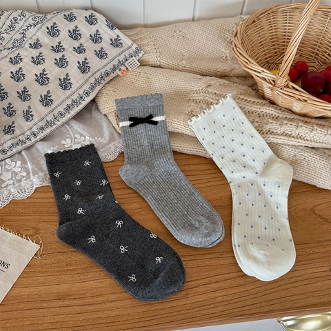 Calze A Metà Polpaccio Dolci Per Donna Maglia Di Cotone Pois Fiocco Bordo Con Volant Stile Giapponese