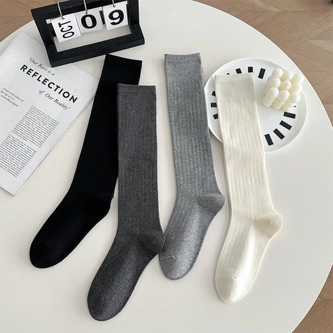 Women Calf High Socks Ribbed Knit Cotton Blend Japanese Preppy Style JK Solid Color Elastic Breathable