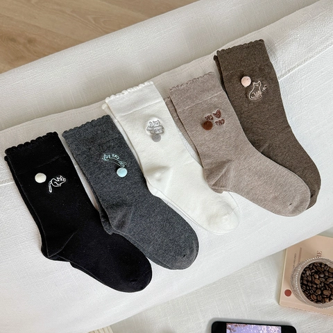 Women Mid Calf Crew Socks Cotton Blend Kawaii Cat Embroidery 3D Pom Pom Lettuce Edge Frilly Japanese Style Student Socks