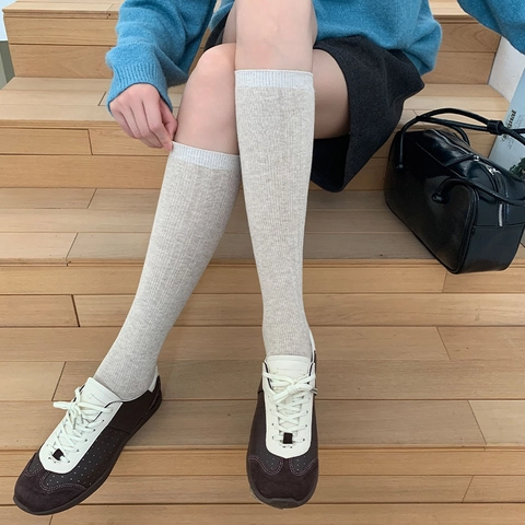 Women Knee High Socks Ribbed Knit Cotton Vertical Stripe Solid Color Preppy Style Slimming Fashion Long Calf Socks