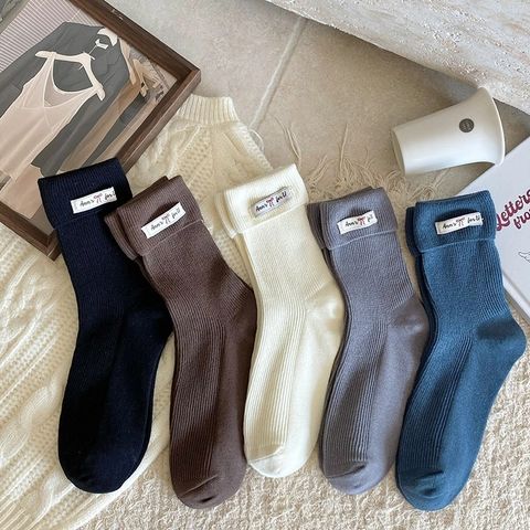 Women Cotton Ribbed Mid-Calf Socks Fold-Over Cuff Fabric Label Bow Japanese School Style Solid Color Basic