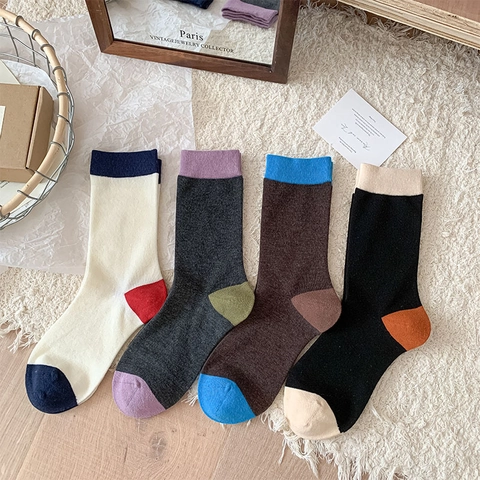 Calcetines Media Pantorrilla Mujer Color Block Vintage Patchwork Punto Acanalado Cálidos Estilo Japonés Accesorio Casual