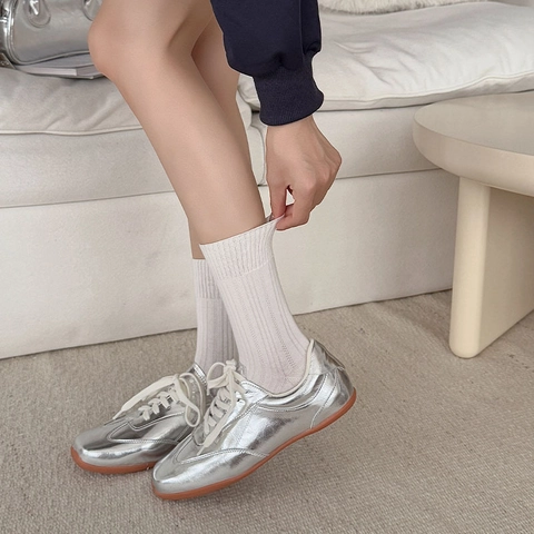 Chaussettes Mi-Hautes En Coton Pour Femmes Côtelées Couleur Unie Respirantes Style Preppy Décontracté