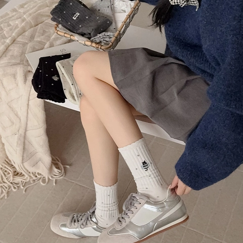 Women Cotton Mid Calf Socks With Polka Dot Pattern And Cute Cat Embroidery Ruffle Trim Sweet Style Breathable Hosiery