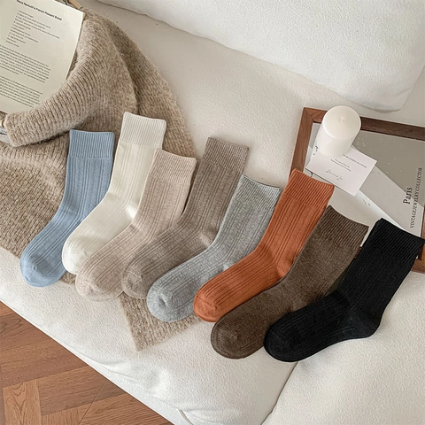 Chaussettes Mi-Hautes En Coton Pour Femmes Côtelées Couleur Unie Respirantes Style Preppy Décontracté