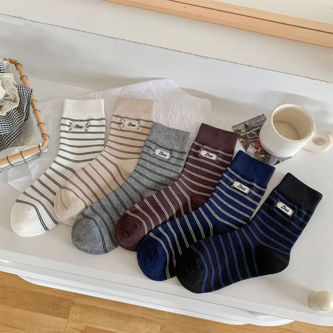 Cotton Striped Crew Socks With Bee Embroidery Patch Japanese Preppy Style Casual Breathable Mid-Calf Socks For Women