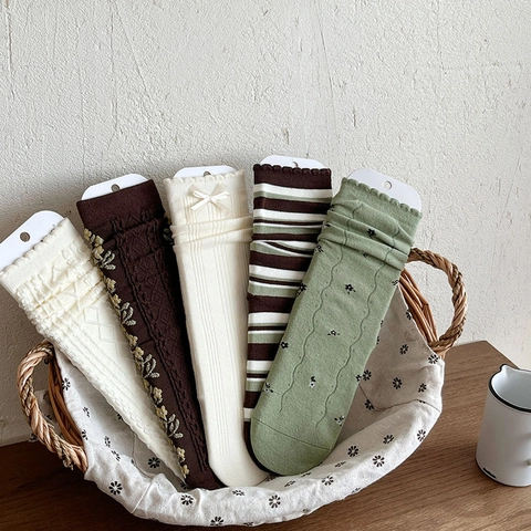 Calcetines Slouch Mujer Mezcla Algodón Decoración Lazo Ribete Volantes Bordado Floral Vintage Rayas Otoño Invierno