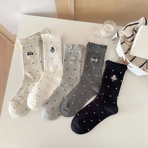 Women Cotton Mid Calf Socks With Polka Dot Pattern And Cute Cat Embroidery Ruffle Trim Sweet Style Breathable Hosiery
