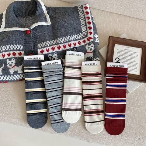 Calze Morbide A Righe Donne Cotone Traspirante Metà Polpaccio Retro Stile Preppy Casual Comodo