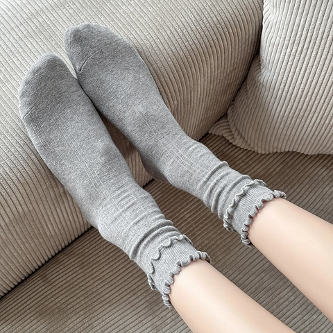 Dames Katoenen Socken Met Ruches Geribd Gebreid Kuitlengte Japanse Stijl JK Minimalistisch Effen Kleur Zoet
