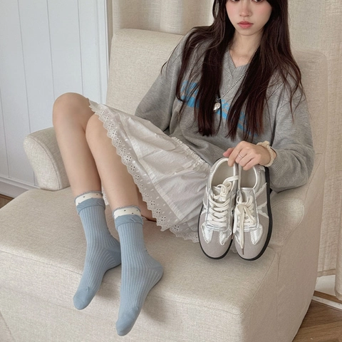 Calze Donna Misto Cotone Stile Giapponese Dolce Pois Righe Bordo Volant Traspirante Kawaii