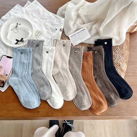 Cotton Slouch Socks Ruffle Edge Ribbed Mid Tube Sweet Korean Style With Metal Button Decorative Women