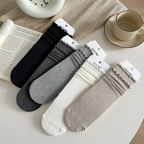 Dames Katoenen Socken Met Ruches Geribd Gebreid Kuitlengte Japanse Stijl JK Minimalistisch Effen Kleur Zoet