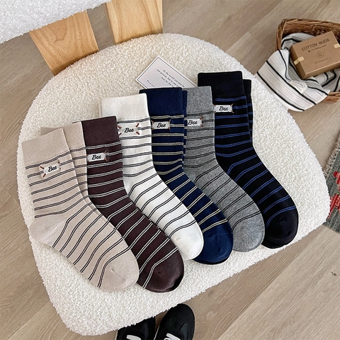 Calze Al Polpaccio Donna Cotone Righe Stile Britannico Retrò Ricamo Ape Traspirante Casual