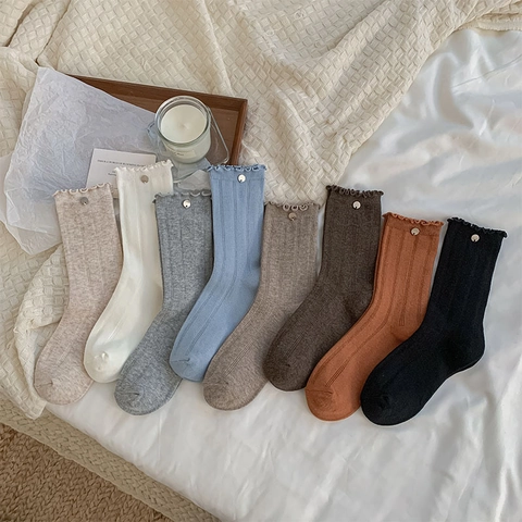 Women Cotton Ribbed Crew Socks With Ruffled Edge And Metal Button Retro Sweet Style