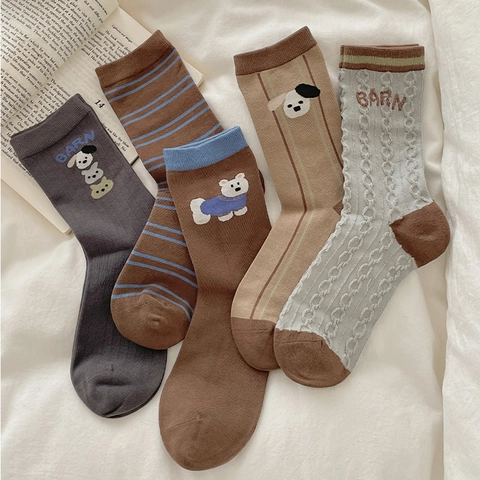 Women Mid Calf Cotton Socks Striped Cartoon Bear Dog Patchwork Preppy Style Warm Casual Autumn Winter Retro Breathable