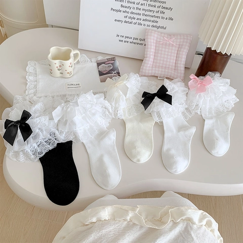 Calcetines Lolita De Varias Capas Encaje Con Volantes Estilo Princesa Japonesa Lazo De Cinta Algodón Malla Mujeres