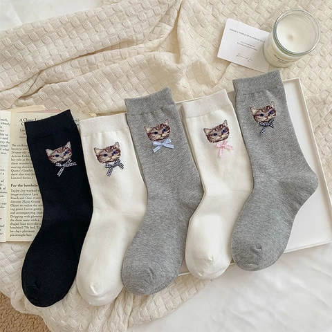 Women Crew Socks Cotton Blend Ribbed Knit Cat Embroidery Bow Tie Decorative Breathable Soft Preppy Style Hosiery