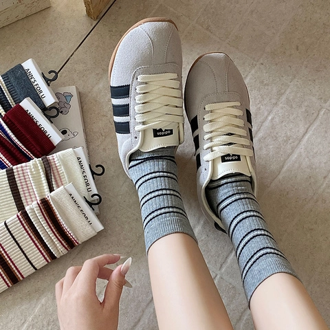 Calze Morbide A Righe Donne Cotone Traspirante Metà Polpaccio Retro Stile Preppy Casual Comodo
