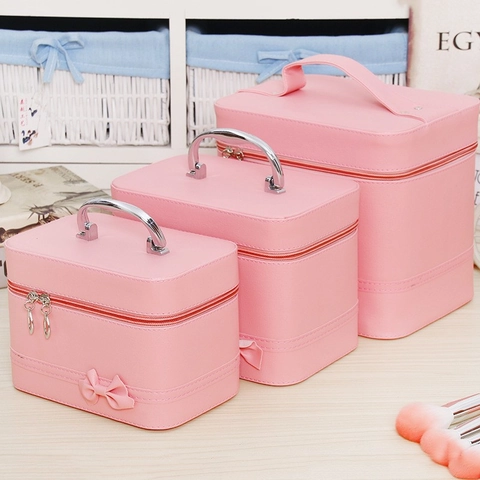 Custodia Trucco Pelle PU Fiocco Viaje Scatola Cosmetica Specchio Integrato Portatile Carino Grande Capacità Fodera Floreale