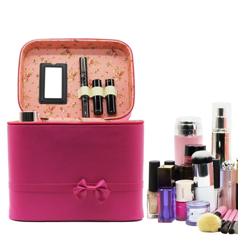 Custodia Trucco Pelle PU Fiocco Viaje Scatola Cosmetica Specchio Integrato Portatile Carino Grande Capacità Fodera Floreale