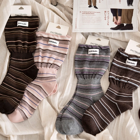 Calze Al Polpaccio Righe Retro Donna Cotone Maglia Colore Contrasto Stile Giapponese Etichetta Patch Casual Hosiery