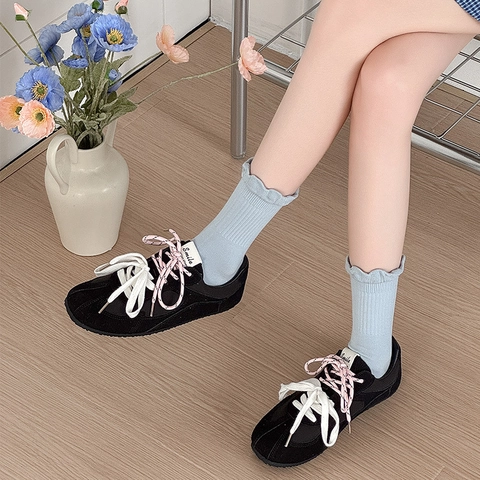 Calcetines Mujer Algodón Canalé Bordes Volantes Color Sólido Estilo Japonés Dulce Calcetería Transpirable Casual