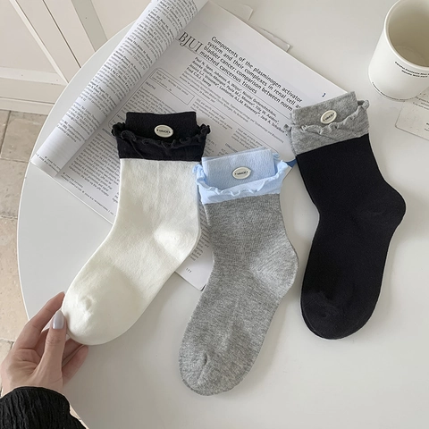Calcetines De Tripulación Para Mujer Algodón Puño Con Volantes Color Contraste Etiqueta Decorativa Estilo Coreano Dulce