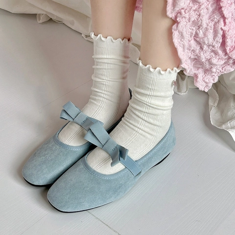 Cotton Slouch Socks Ruffle Edge Ribbed Mid Tube Sweet Korean Style With Metal Button Decorative Women