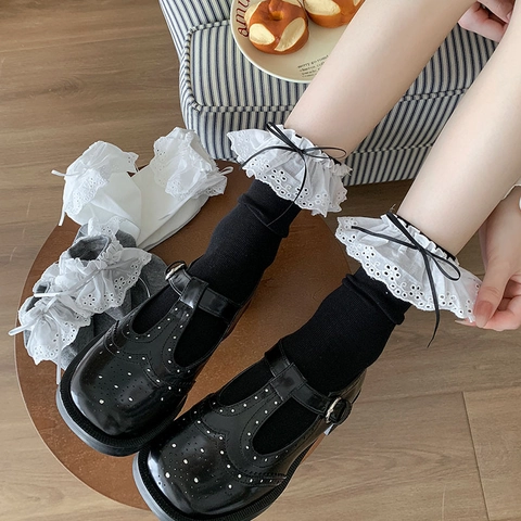 Damen Lolita Socken Mit Spitzenbesatz Und Schleife Süße Japanische Baumwollsocken Mit Rüschen