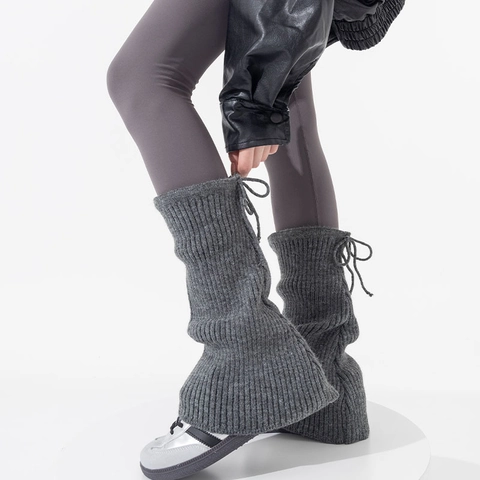 Women Knit Leg Warmers Ribbed Slouchy Socks Drawstring Bow Tie Japanese JK Style Flared Long Boot Cuffs Winter Warm