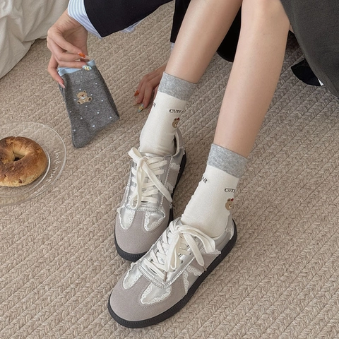 Women Cotton Blend Mid Calf Crew Socks Japanese Kawaii Cute Bear Embroidery Striped Polka Dot Student Leisure Hosiery