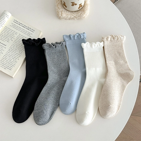 Calcetines Mujer Algodón Canalé Bordes Volantes Color Sólido Estilo Japonés Dulce Calcetería Transpirable Casual