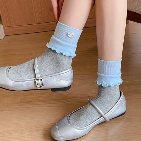 Calcetines De Tripulación Para Mujer Algodón Puño Con Volantes Color Contraste Etiqueta Decorativa Estilo Coreano Dulce
