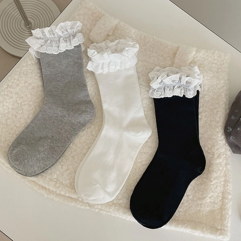 Chaussettes Mi-Mollet Femmes Coton Côtelé Dentelle Volant Motif Cœur Style Ballet