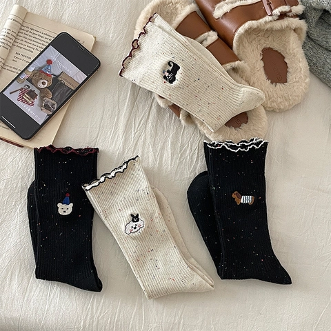 Kawaii Damen Crew Socken Baumwollmischung Rippstrick Cartoon Tier Bestickung Wellenkante Konfetti Garn Socken