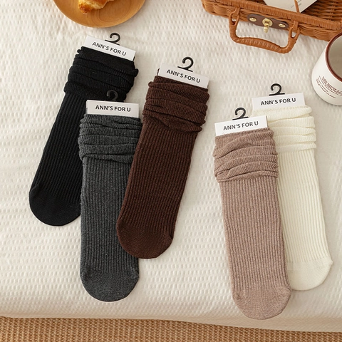 Women Slouch Socks Cotton Knit Ribbed Solid Color Retro Japanese Style Mid Tube Long Socks Autumn Winter