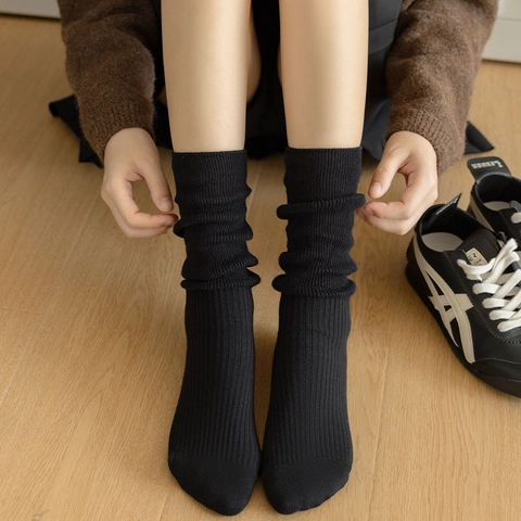 Women Slouch Socks Cotton Knit Ribbed Solid Color Retro Japanese Style Mid Tube Long Socks Autumn Winter