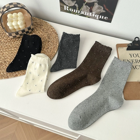 Damen Crew Socken Aus Baumwollmischung Mit Punktemuster Und Rüschenrand Im Japanischen Stil