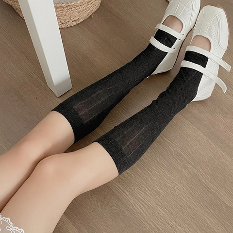 Women Ribbed Slouch Socks Combed Cotton Knit Solid Color Leg Warmers Japanese JK Style Breathable Calf High