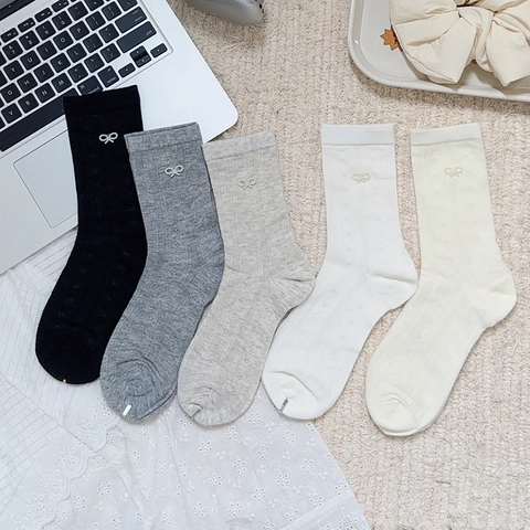 Women Mid Calf Socks Cotton Breathable Hollow Out Mesh With Artificial Pearl Bow Decor Sweet Ballet Style Japanese Fashion
