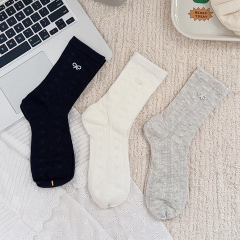 Women Mid Calf Socks Cotton Breathable Hollow Out Mesh With Artificial Pearl Bow Decor Sweet Ballet Style Japanese Fashion