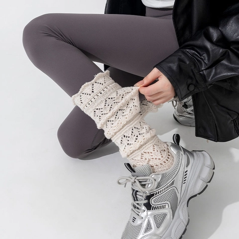Damen Beinwärmer Slouch Socken Hohlstrick Häkeloptik Wellenkante Retro Winter Warm Accessoires