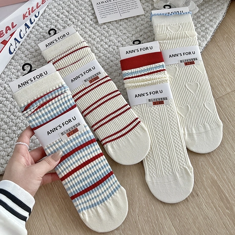 Calcetines Slouch Para Mujer Algodón Rayas Patrón Corazón Estilo Academia Vintage Calcetería Punto Transpirable