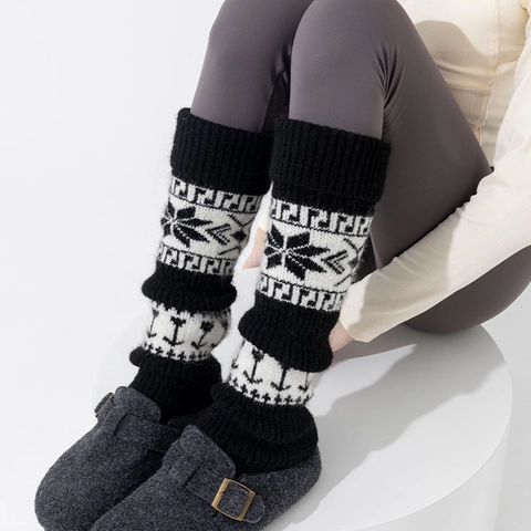 Jambières Femmes Tricotées Épaissies Chaudes Fair Isle Flocon De Neige Style Rétro Ethnique Chaussettes